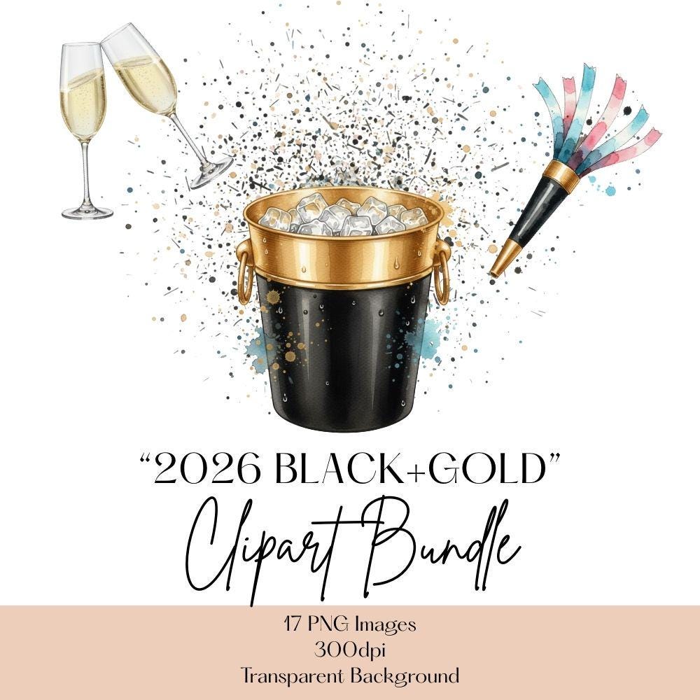 New Year Watercolor Clipart, Black and Gold 2026 PNG, New Years Party Digital Design