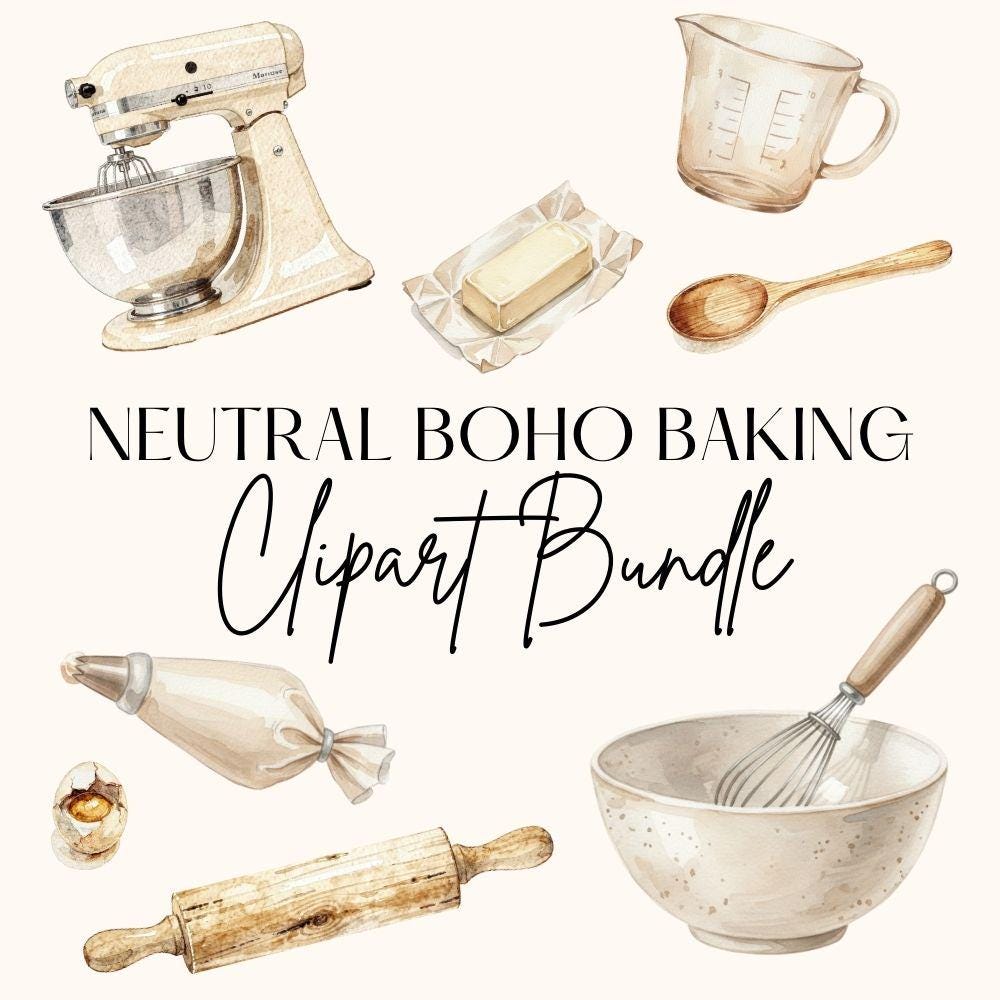 Neutral Boho Baking Clipart Set, Bakery Clipart, Watercolor Baking PNG