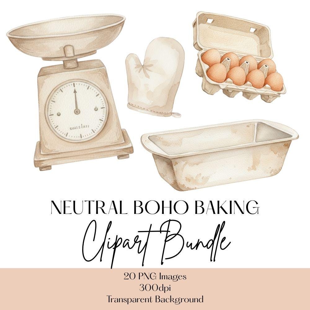 Neutral Boho Baking Clipart Set, Bakery Clipart, Watercolor Baking PNG