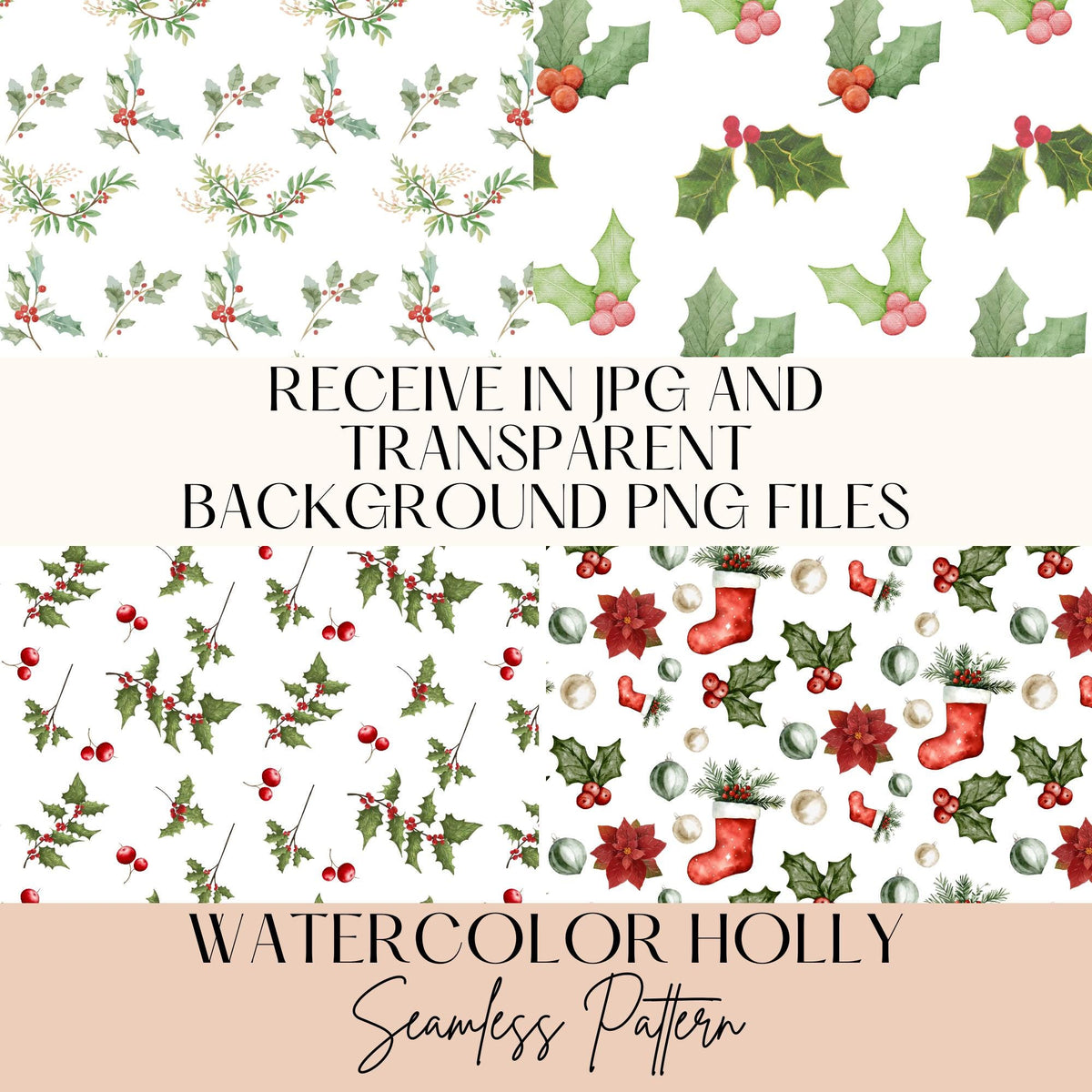 Watercolor Holly Seamless Pattern, Holly Berry Digital Paper, Christmas Background