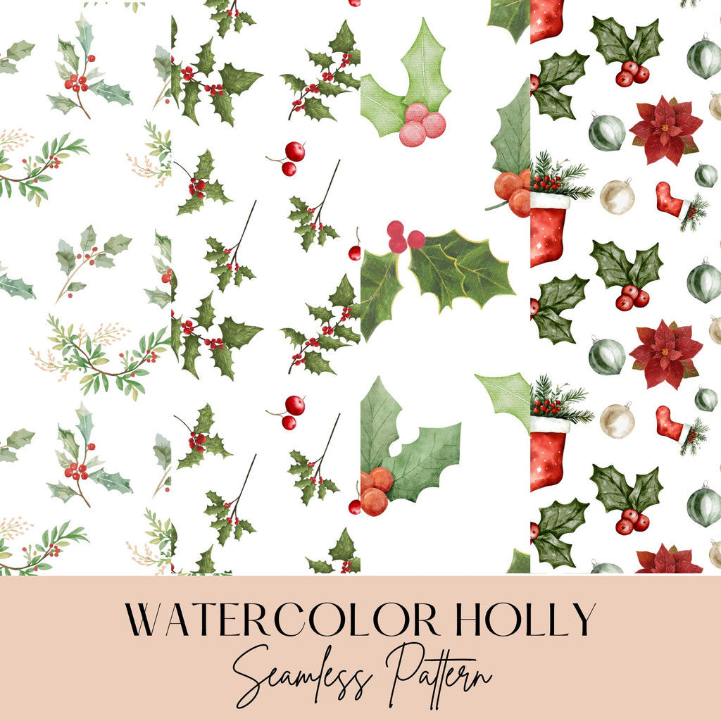 Watercolor Holly Seamless Pattern, Holly Berry Digital Paper, Christmas Background