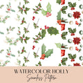Watercolor Holly Seamless Pattern, Holly Berry Digital Paper, Christmas Background