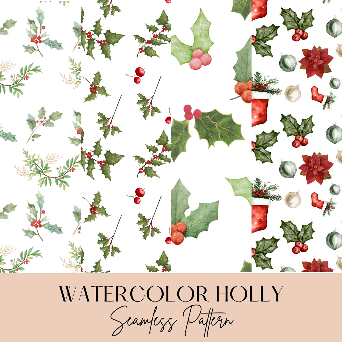 Watercolor Holly Seamless Pattern, Holly Berry Digital Paper, Christmas Background