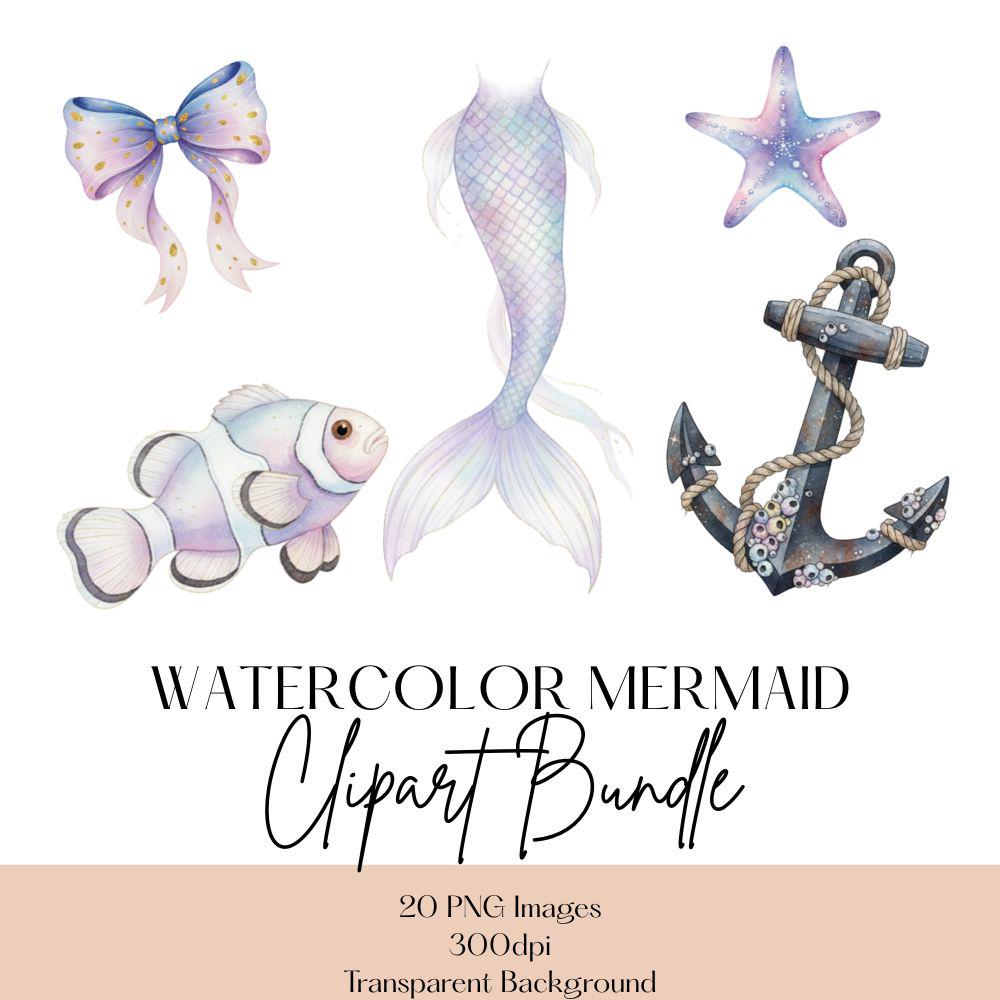 Watercolor Mermaid Clipart Set, Mermaid Clipart, Watercolor Sea Life PNG