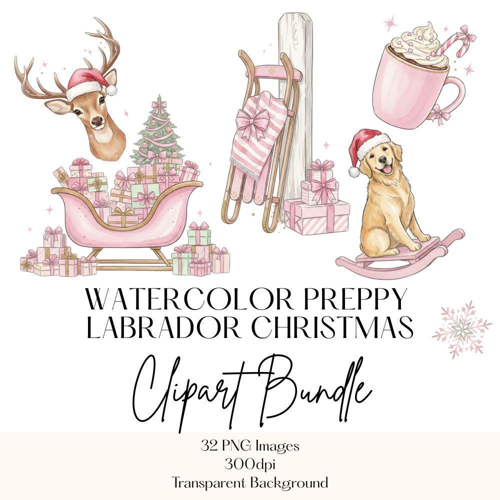 Watercolor Grandmillenial Christmas Clipart Set, Labrador Watercolor PNG, Preppy Christmas Clipart