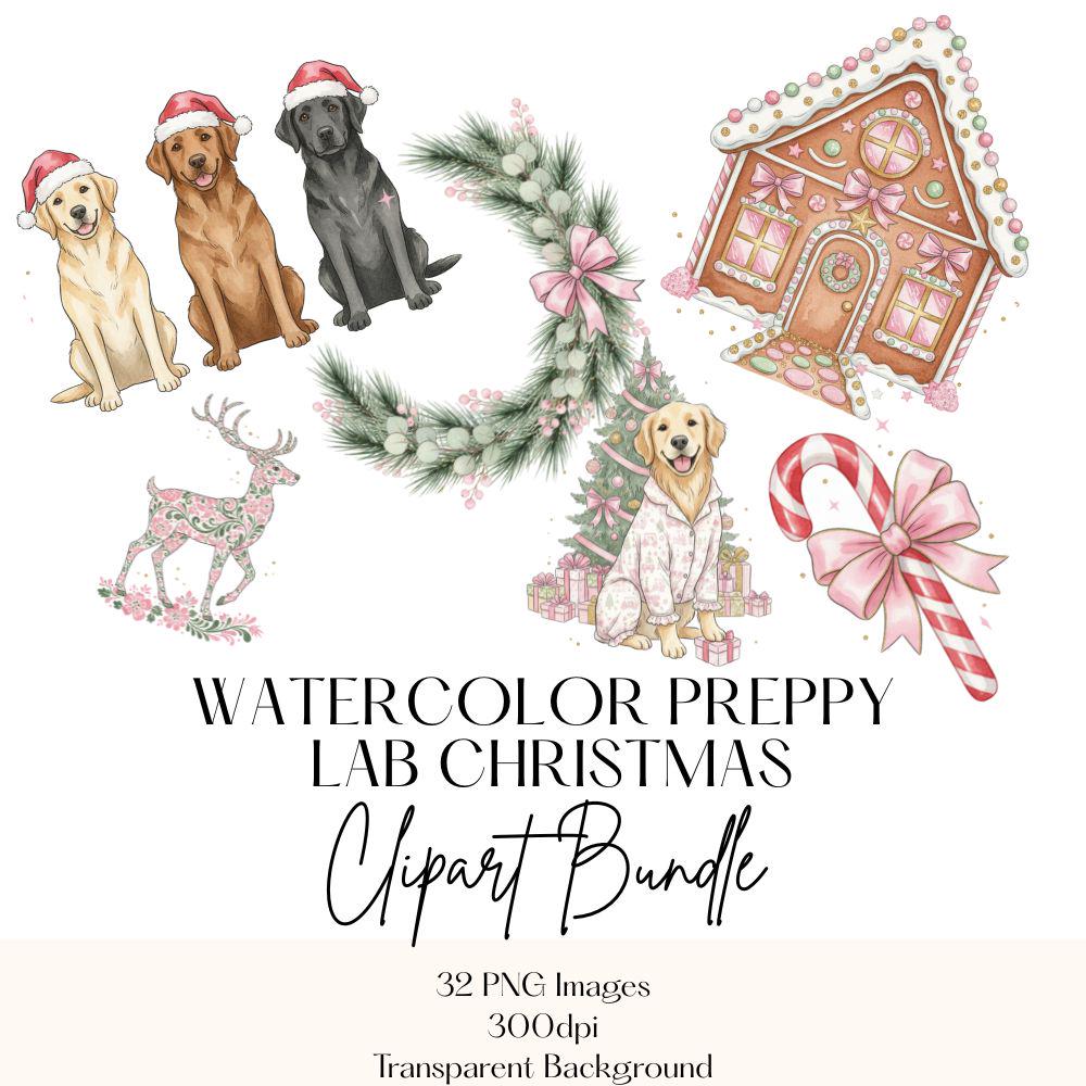 Watercolor Grandmillenial Christmas Clipart Set, Labrador Watercolor PNG, Preppy Christmas Clipart