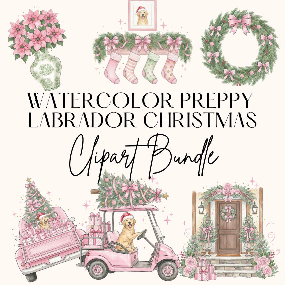Watercolor Grandmillenial Christmas Clipart Set, Labrador Watercolor PNG, Preppy Christmas Clipart