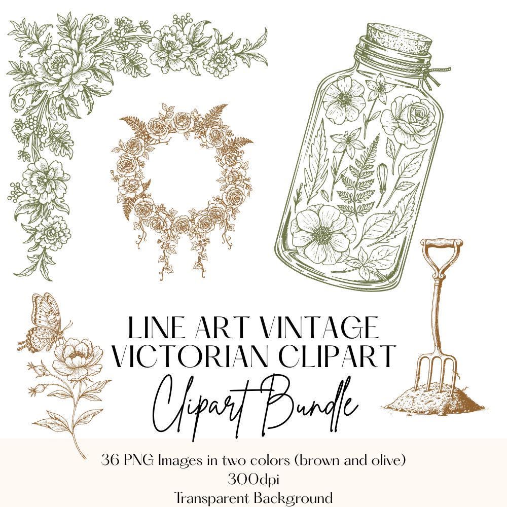 Vintage Victorian Clipart Set, Antique Clipart, Rustic Garden PNG Bundle