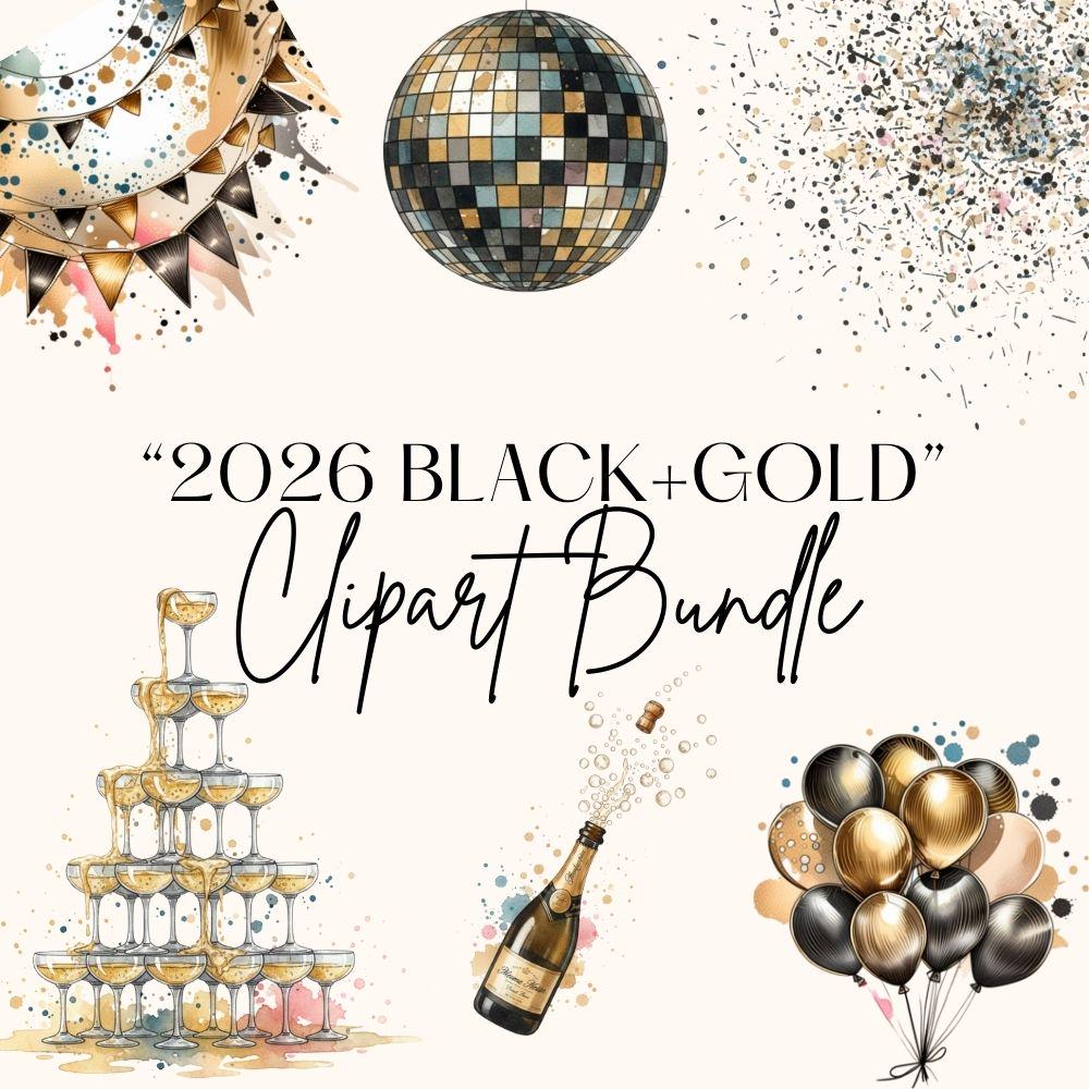 New Year Watercolor Clipart, Black and Gold 2026 PNG, New Years Party Digital Design