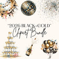 New Year Watercolor Clipart, Black and Gold 2026 PNG, New Years Party Digital Design