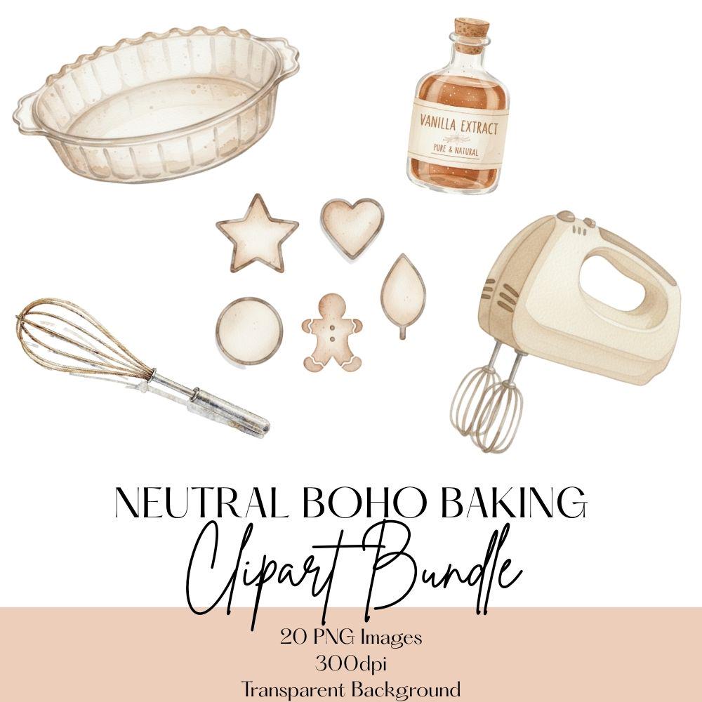 Neutral Boho Baking Clipart Set, Bakery Clipart, Watercolor Baking PNG
