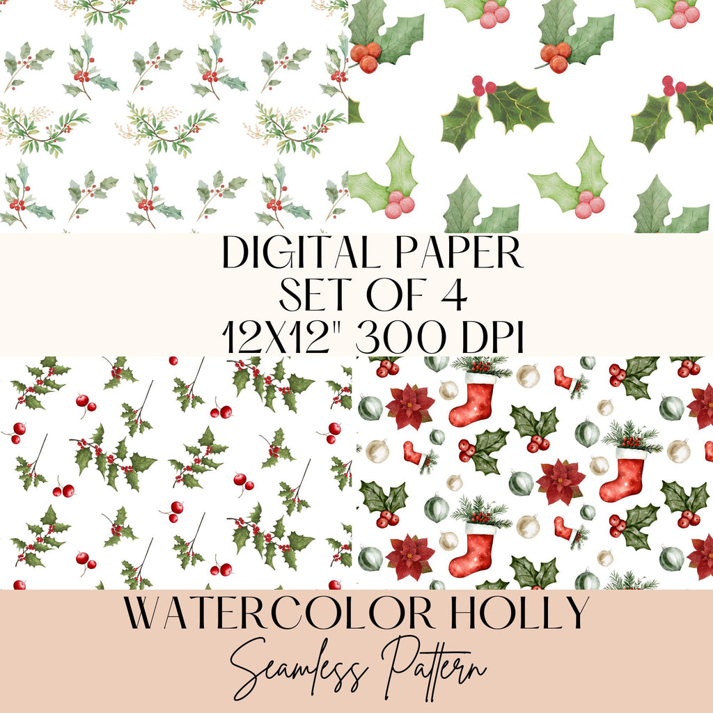 Watercolor Holly Seamless Pattern, Holly Berry Digital Paper, Christmas Background