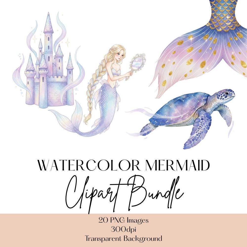 Watercolor Mermaid Clipart Set, Mermaid Clipart, Watercolor Sea Life PNG