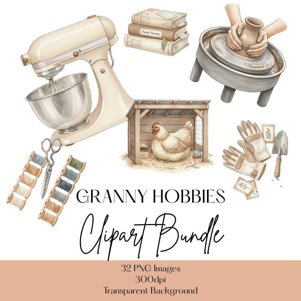 Neutral Granny Hobbies Clipart Set, Cozy Hobbies Clipart, Watercolor Homestead PNG
