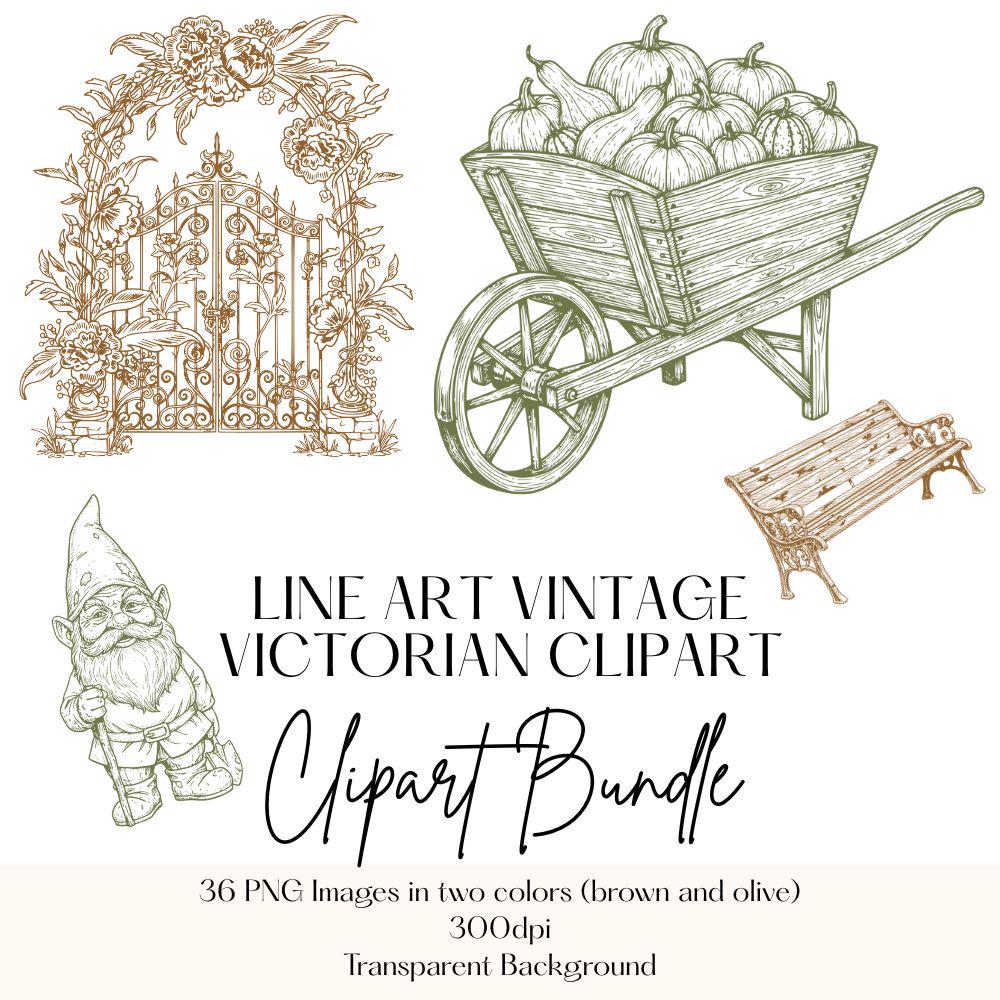 Vintage Victorian Clipart Set, Antique Clipart, Rustic Garden PNG Bundle
