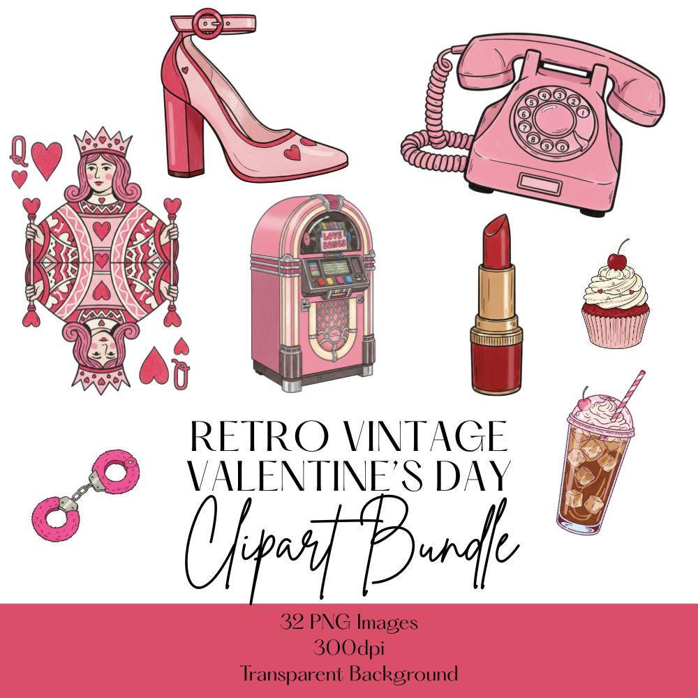 Retro Valentines Clipart Set, Vintage Valentine Clipart, Valentine PNG Bundle