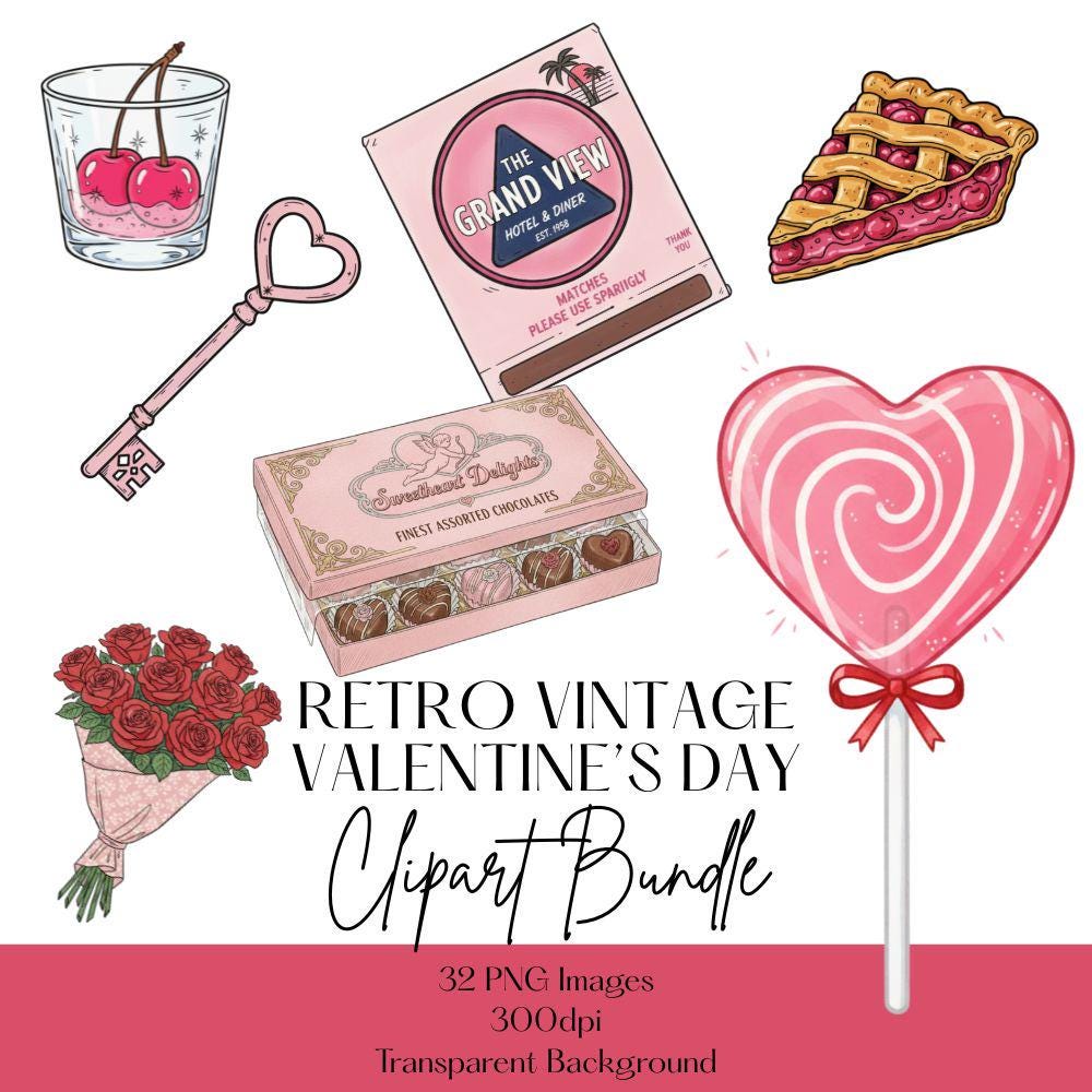 Retro Valentines Clipart Set, Vintage Valentine Clipart, Valentine PNG Bundle