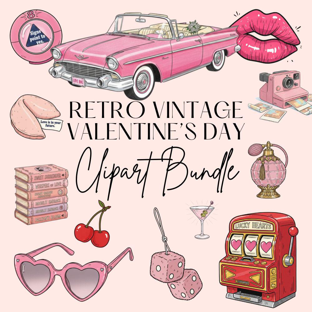 Retro Valentines Clipart Set, Vintage Valentine Clipart, Valentine PNG Bundle
