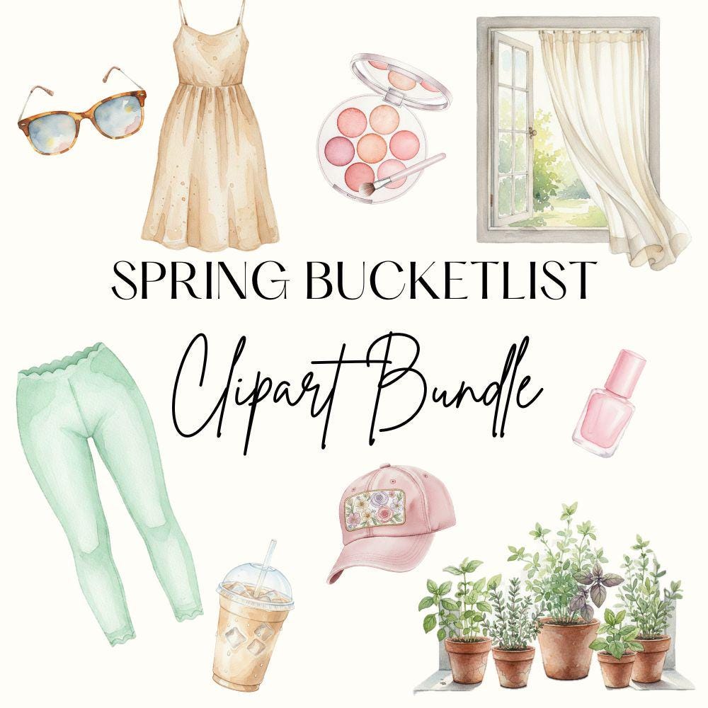 Spring Bucket List Watercolor Clipart Set, Spring Fashion Clipart, Watercolor Spring PNG