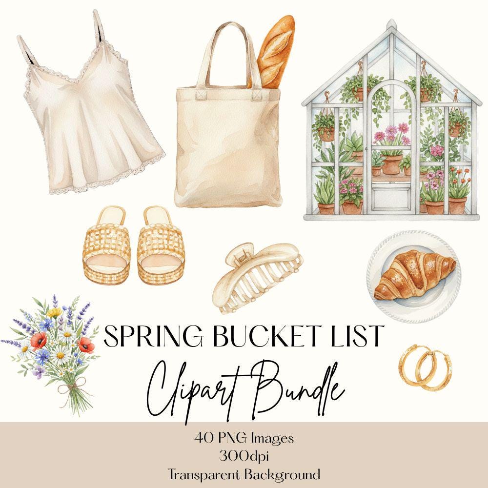 Spring Bucket List Watercolor Clipart Set, Spring Fashion Clipart, Watercolor Spring PNG