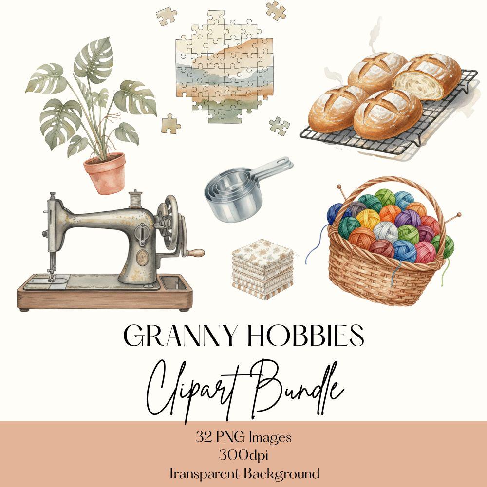Neutral Granny Hobbies Clipart Set, Cozy Hobbies Clipart, Watercolor Homestead PNG