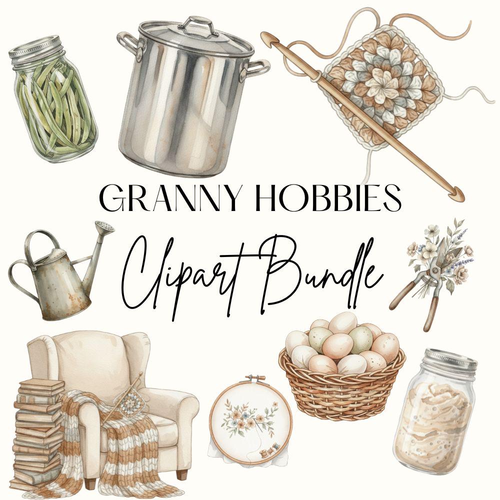 Neutral Granny Hobbies Clipart Set, Cozy Hobbies Clipart, Watercolor Homestead PNG