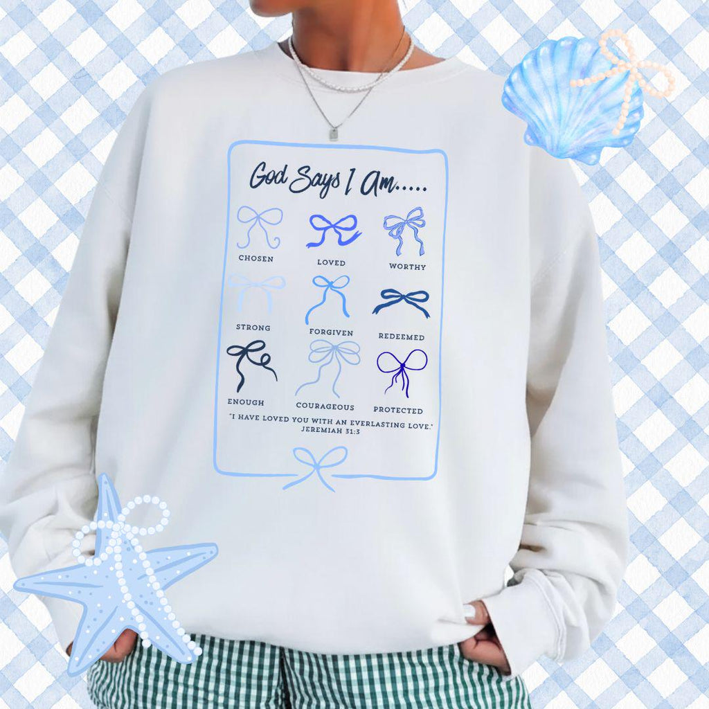 God Says I Am PNG, Coquette Blue Bow Christian PNG, Preppy Bible Verse Digital Design