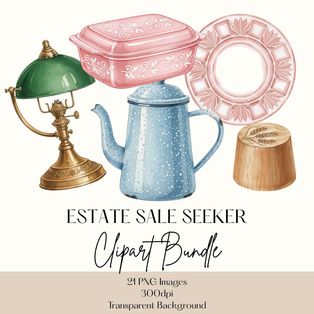 Estate Sale Items Clipart Set, Thrifters BOLO Clipart, Antique Shop Finds PNG Bundle