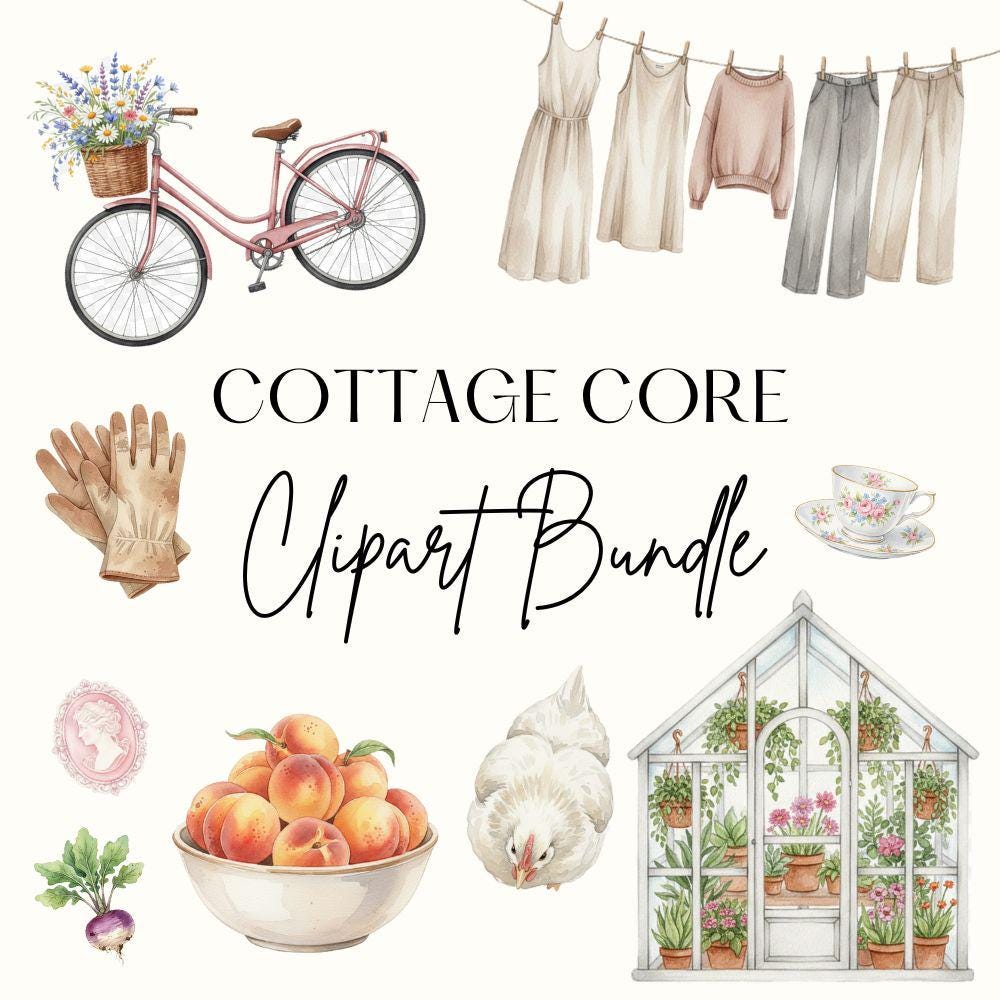 Cottage Core Watercolor Clipart Set, Rustic Clipart, Watercolor Spring PNG