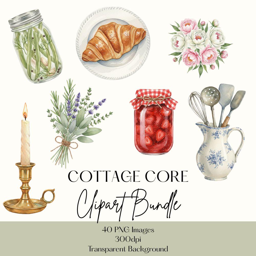 Cottage Core Watercolor Clipart Set, Rustic Clipart, Watercolor Spring PNG