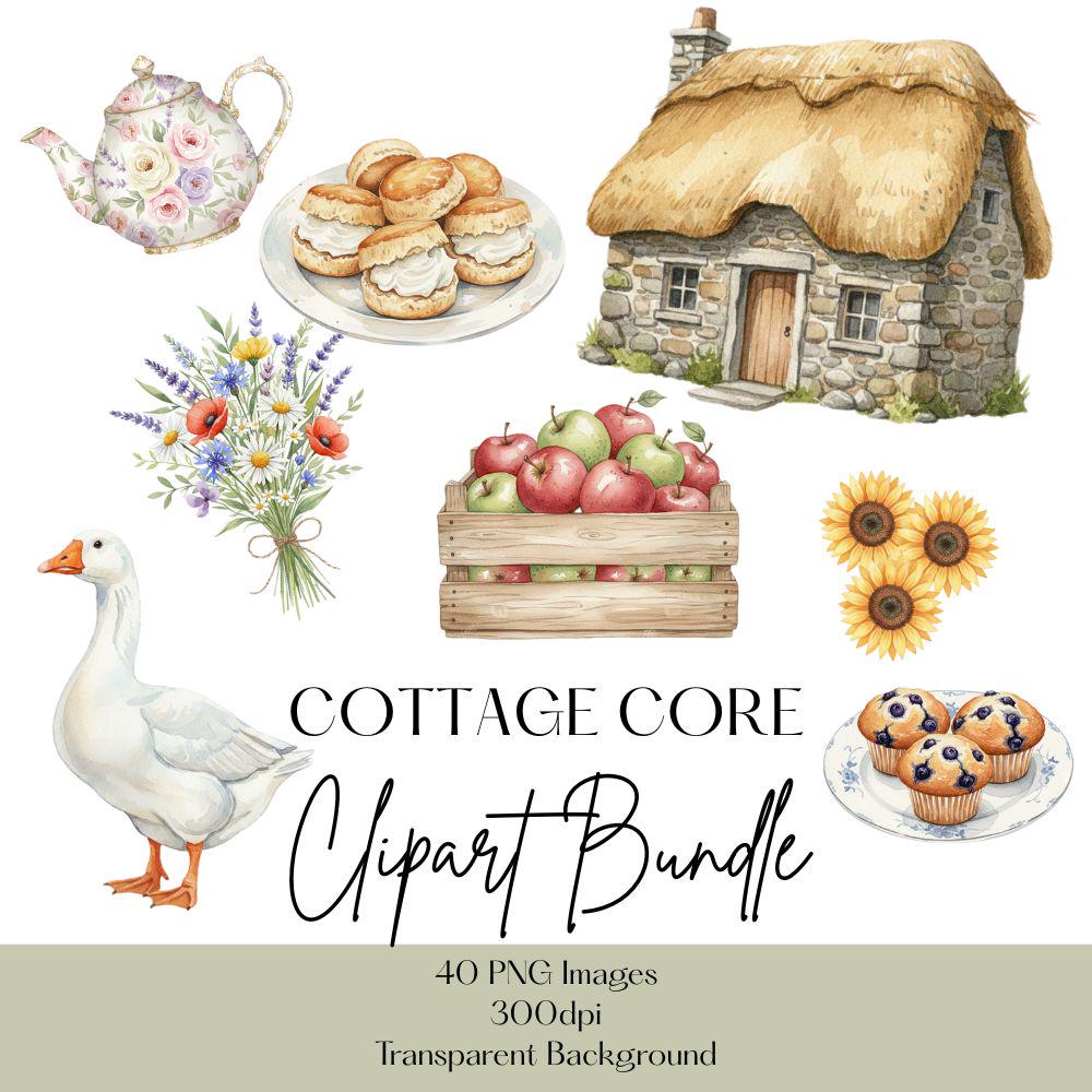 Cottage Core Watercolor Clipart Set, Rustic Clipart, Watercolor Spring PNG