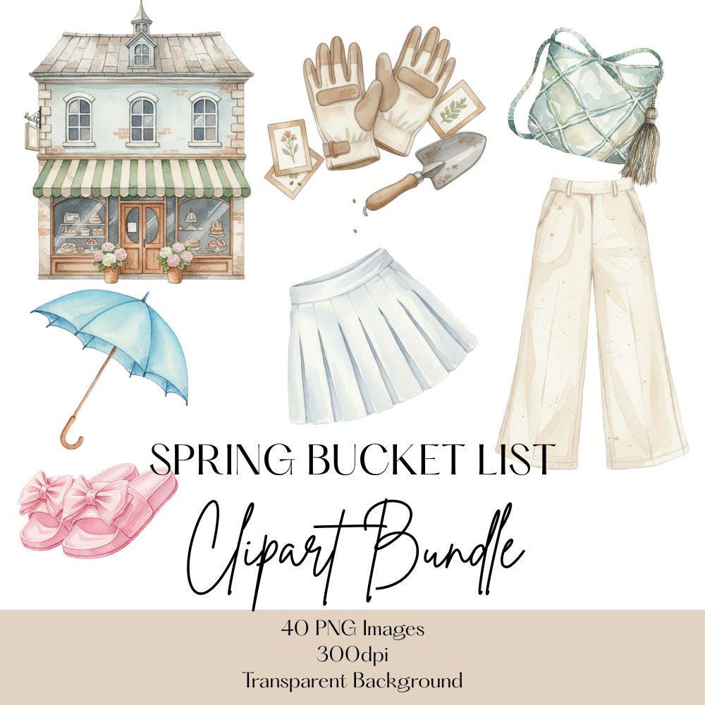 Spring Bucket List Watercolor Clipart Set, Spring Fashion Clipart, Watercolor Spring PNG