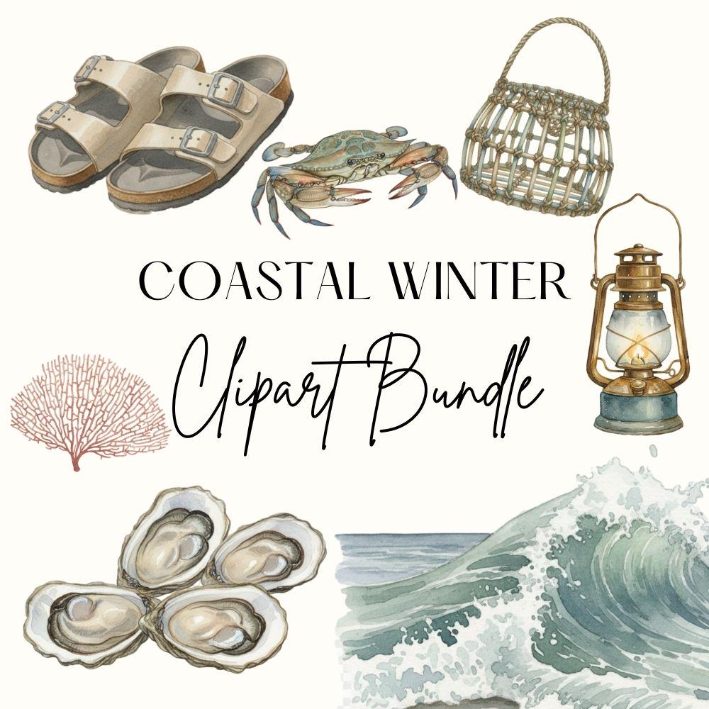 Coastal Winter Watercolor Clipart Set, Coastal Beach Clipart, Watercolor Spring PNG