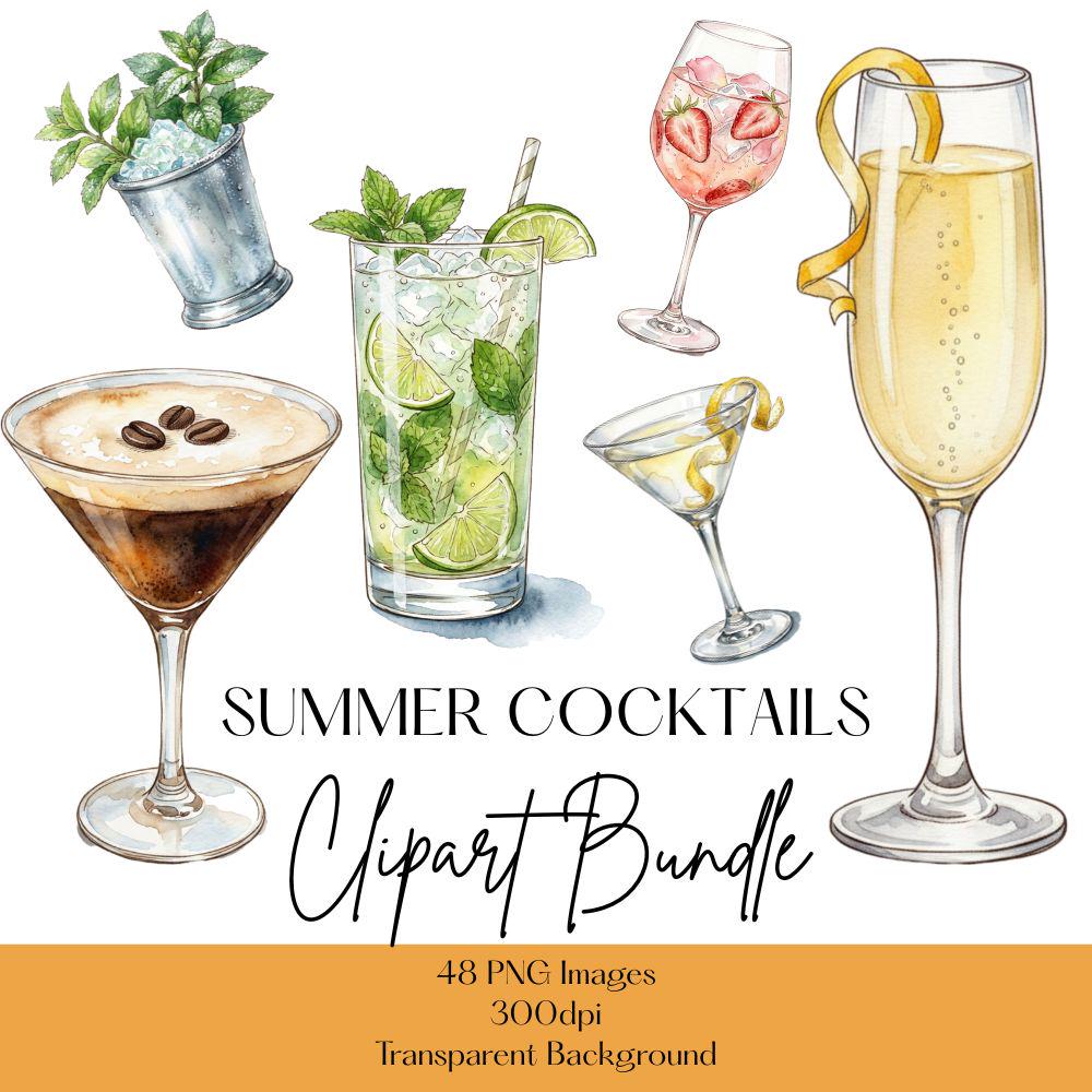 Summer Cocktails Clipart Set, Watercolor Drinks Clipart, Espresso Martini PNG