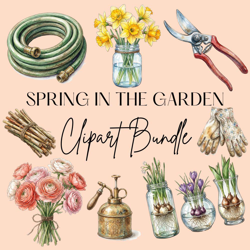 Spring Garden Watercolor Clipart Set, Gardener Clipart, Spring Flowers PNG