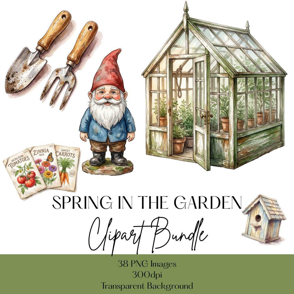 Spring Garden Watercolor Clipart Set, Gardener Clipart, Spring Flowers PNG