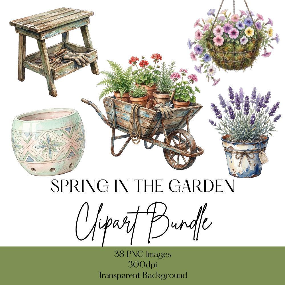 Spring Garden Watercolor Clipart Set, Gardener Clipart, Spring Flowers PNG
