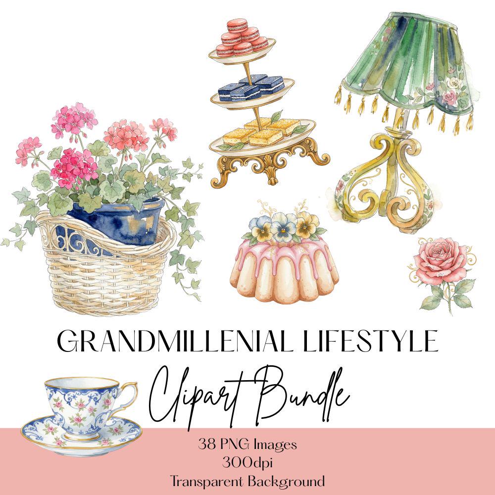 Grandmillenial Lifestyle Clipart Set, Preppy Coquette Clipart, Floral French PNG Bundle