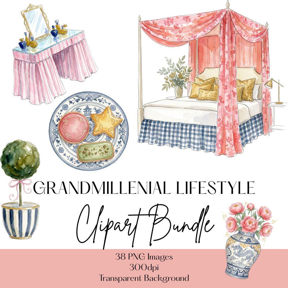 Grandmillenial Lifestyle Clipart Set, Preppy Coquette Clipart, Floral French PNG Bundle