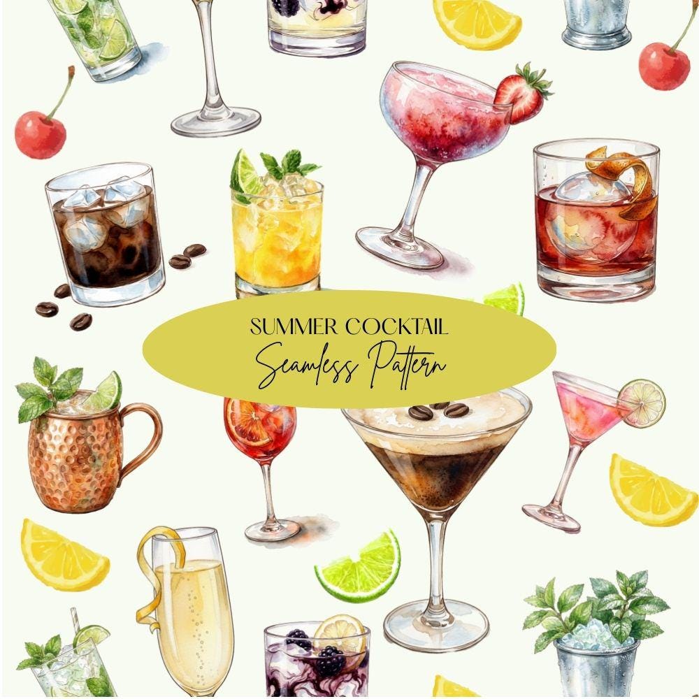 Summer Cocktails Seamless Design, Watercolor Bar Drinks Pattern, Girly Cocktail Art