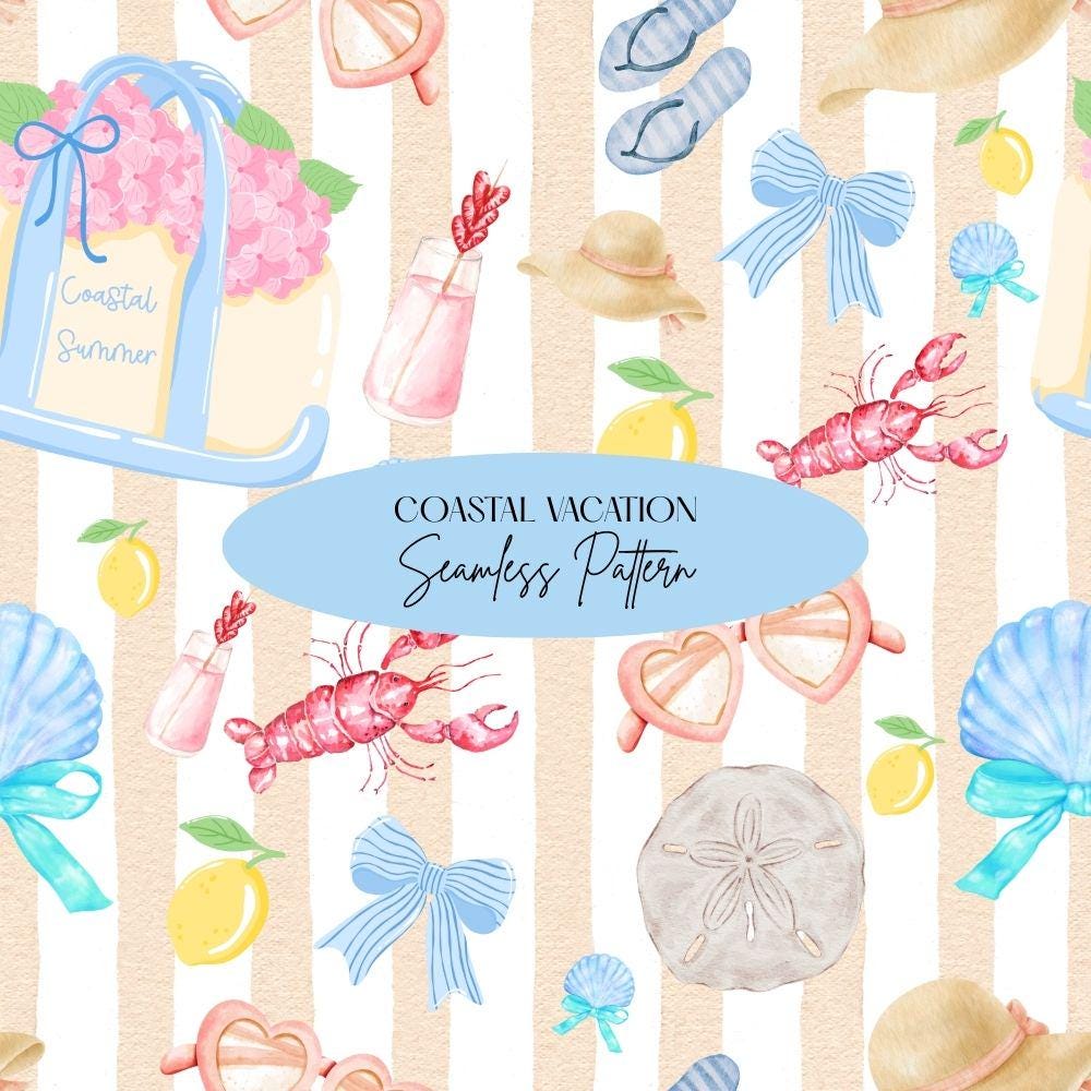 Coastal Vacation Seamless Design, Watercolor Beach Pattern, Girly Summer Vacation Art