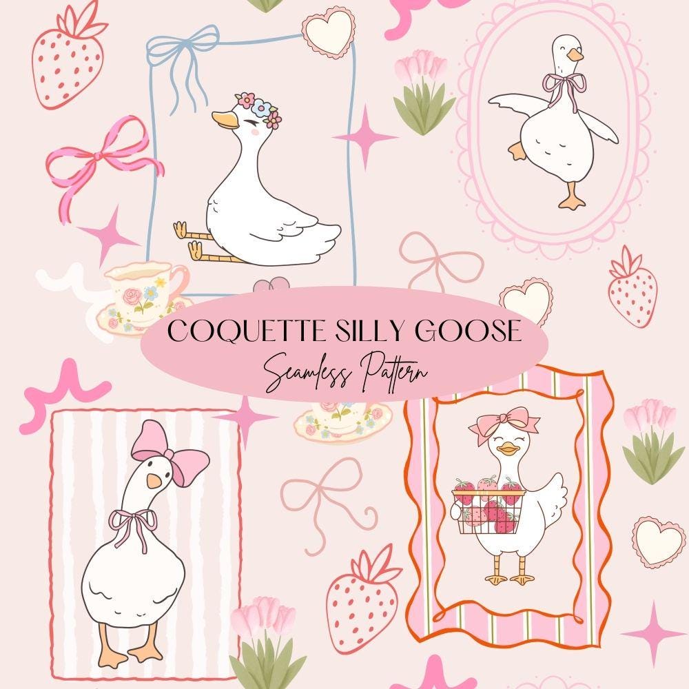 Silly Goose Seamless Design, Preppy Coquette Pattern, Girly Goose Seamless Pattern