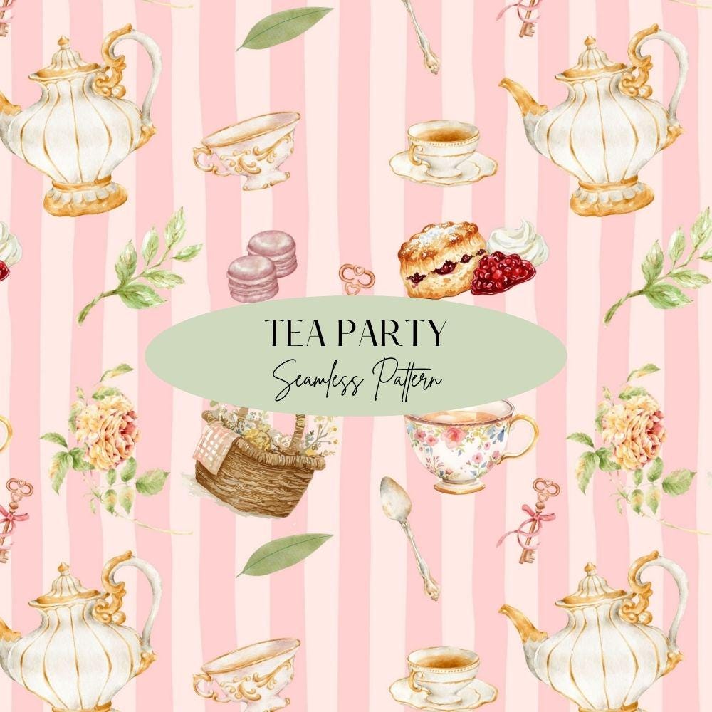 Tea Party Seamless Design, Watercolor Coquette Pattern, French Tea Time Seamless Pattern
