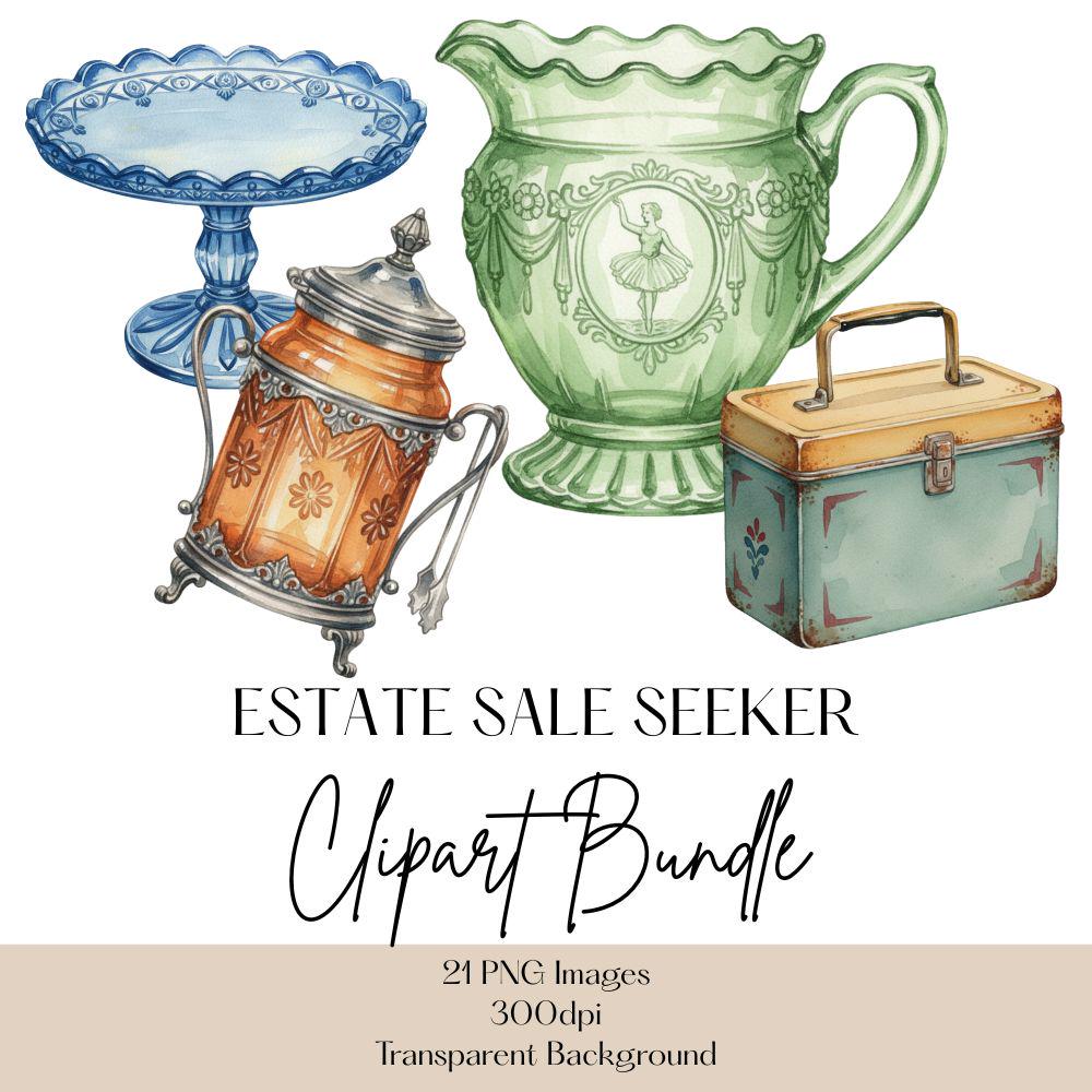 Estate Sale Items Clipart Set, Thrifters BOLO Clipart, Antique Shop Finds PNG Bundle