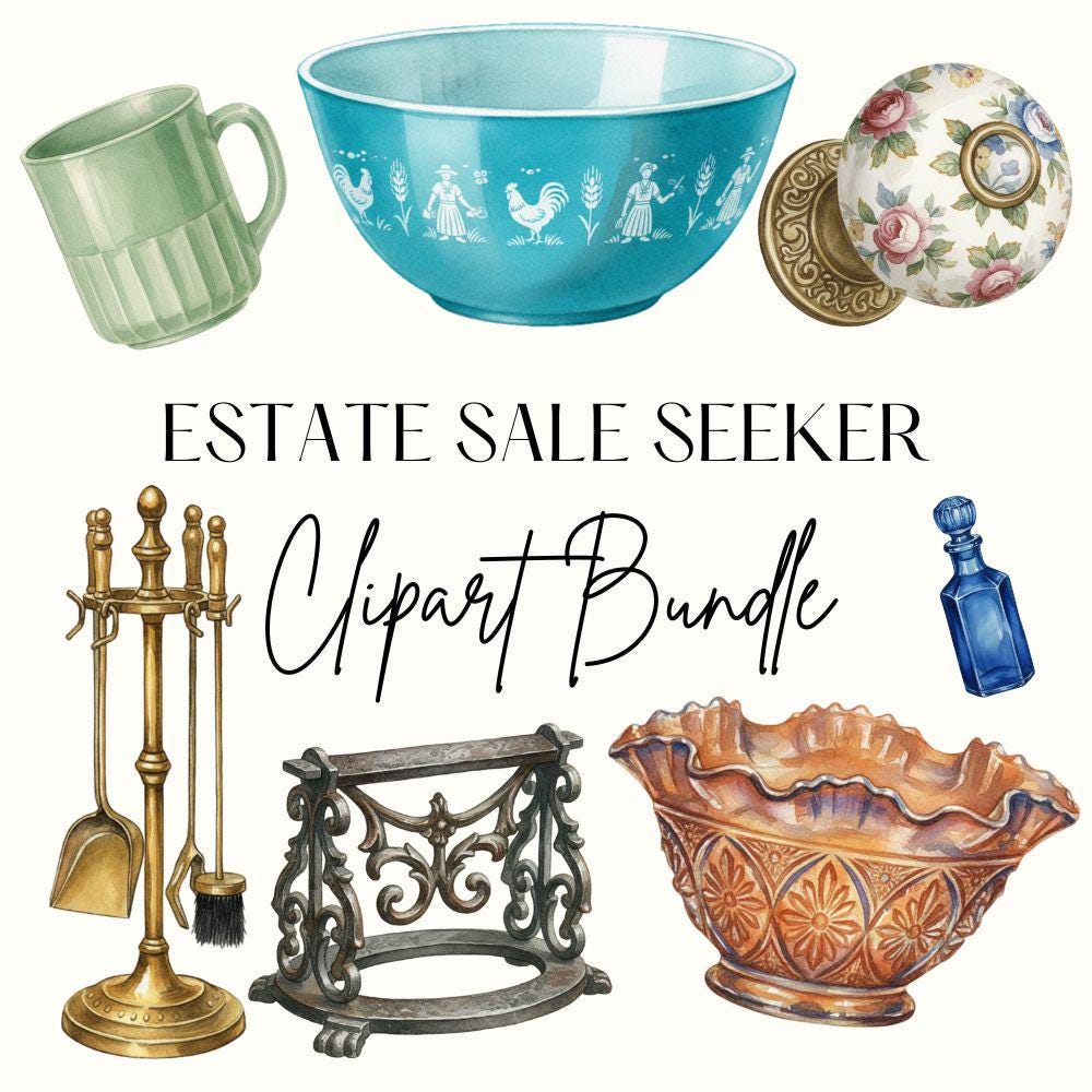 Estate Sale Items Clipart Set, Thrifters BOLO Clipart, Antique Shop Finds PNG Bundle