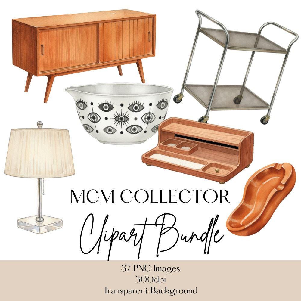 Mid Century Modern Clipart Set, MCM BOLO Clipart, Antique Shop Finds PNG Bundle