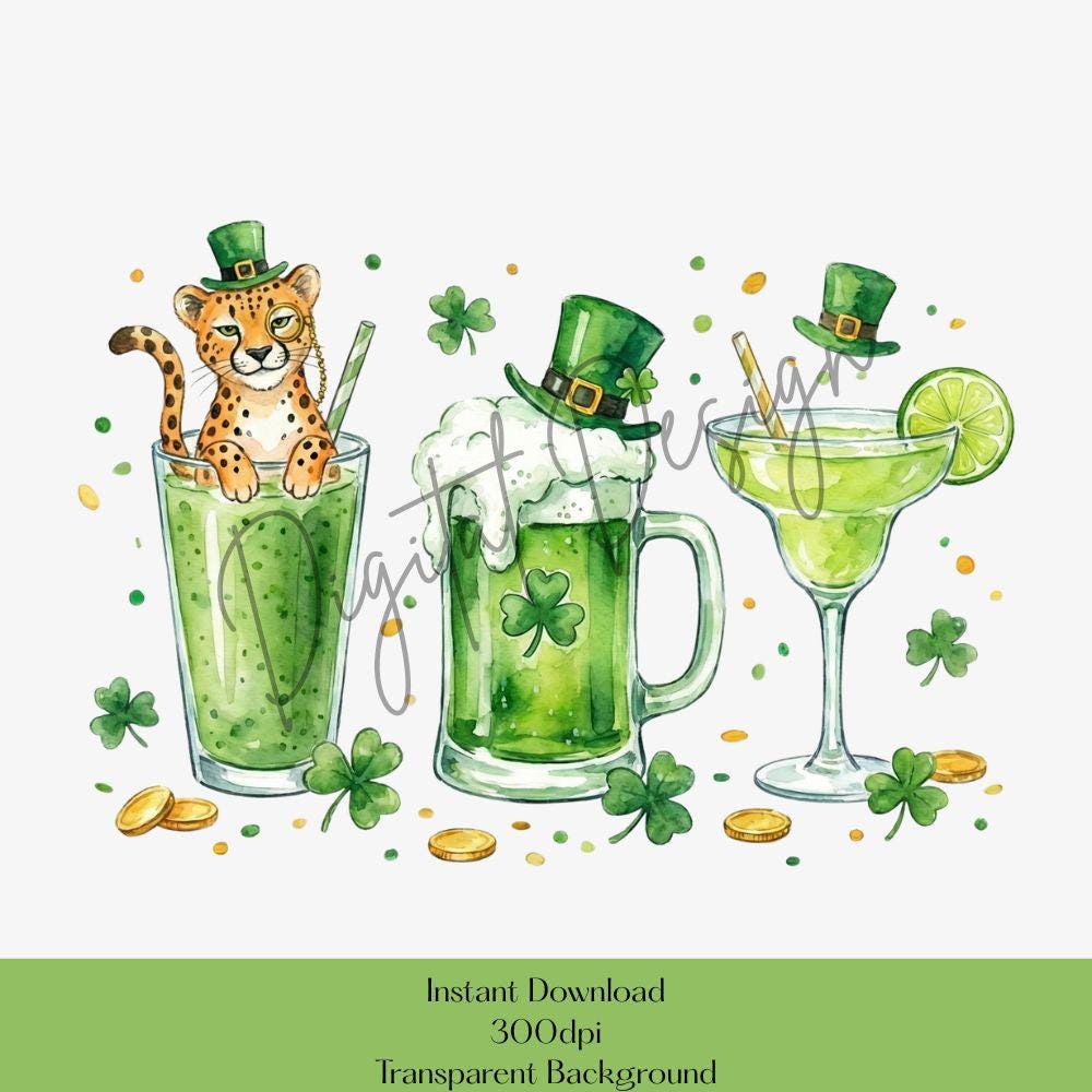 St. Patricks Day PNG, Irish Drinks Digital Design, Shamrock Cocktails PNG