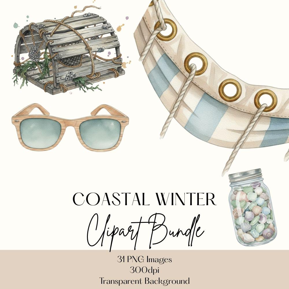 Coastal Winter Watercolor Clipart Set, Coastal Beach Clipart, Watercolor Spring PNG