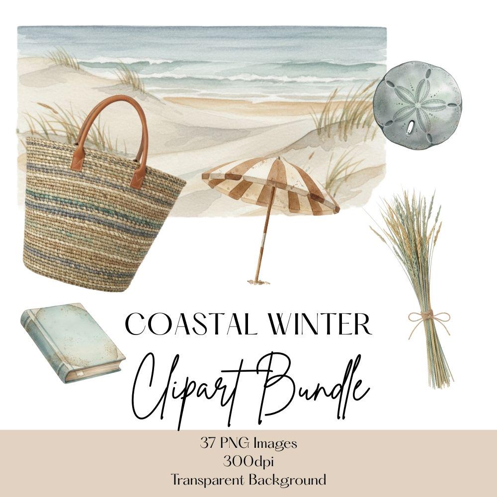 Coastal Winter Watercolor Clipart Set, Coastal Beach Clipart, Watercolor Spring PNG