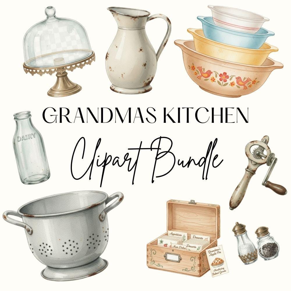 Grandma's Kitchen Clipart Set, Cozy Kitchen Clipart, Watercolor Baking PNG